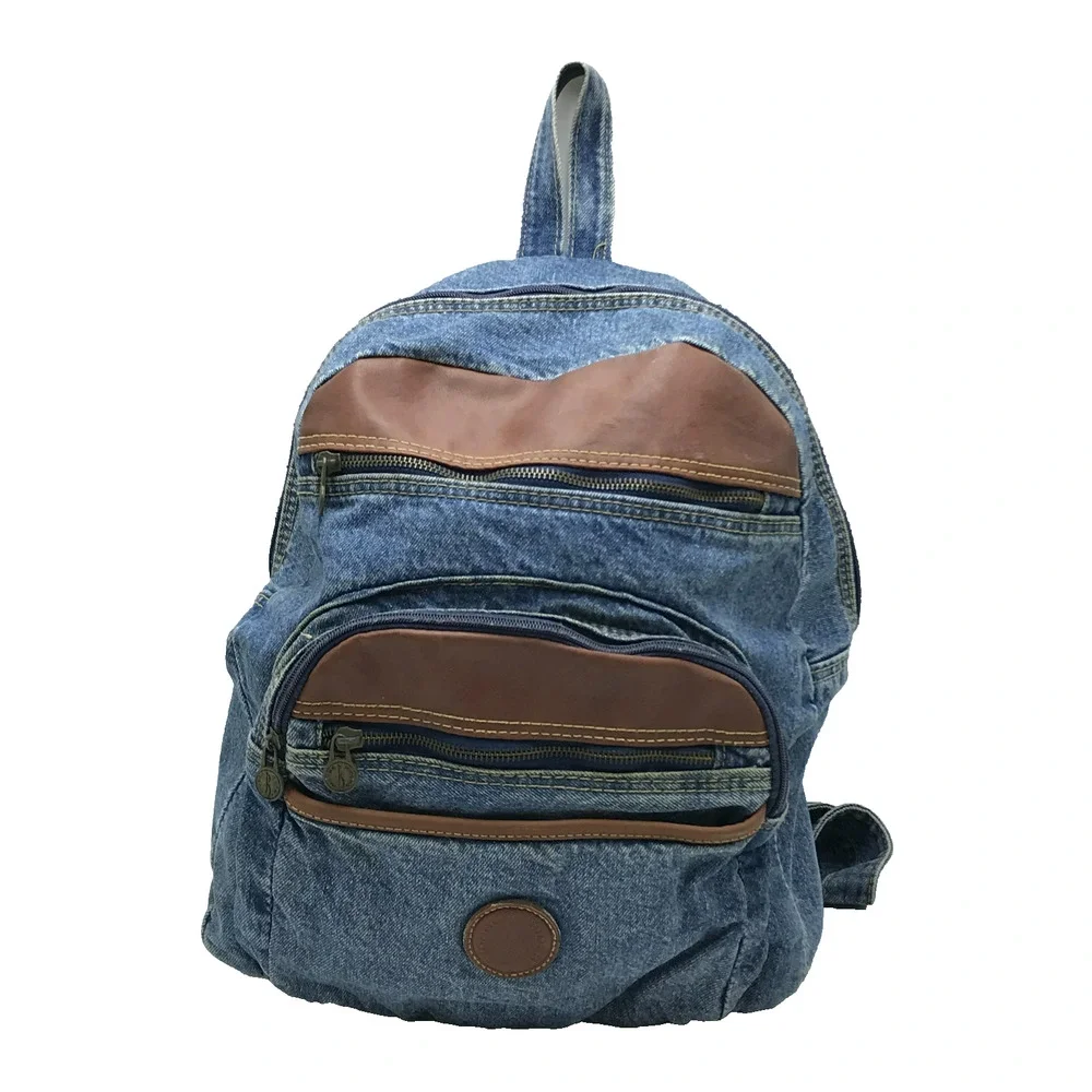 Vintage Riders Blue Jean Denim Backpack Leather Accents Utility Book Bag 90s